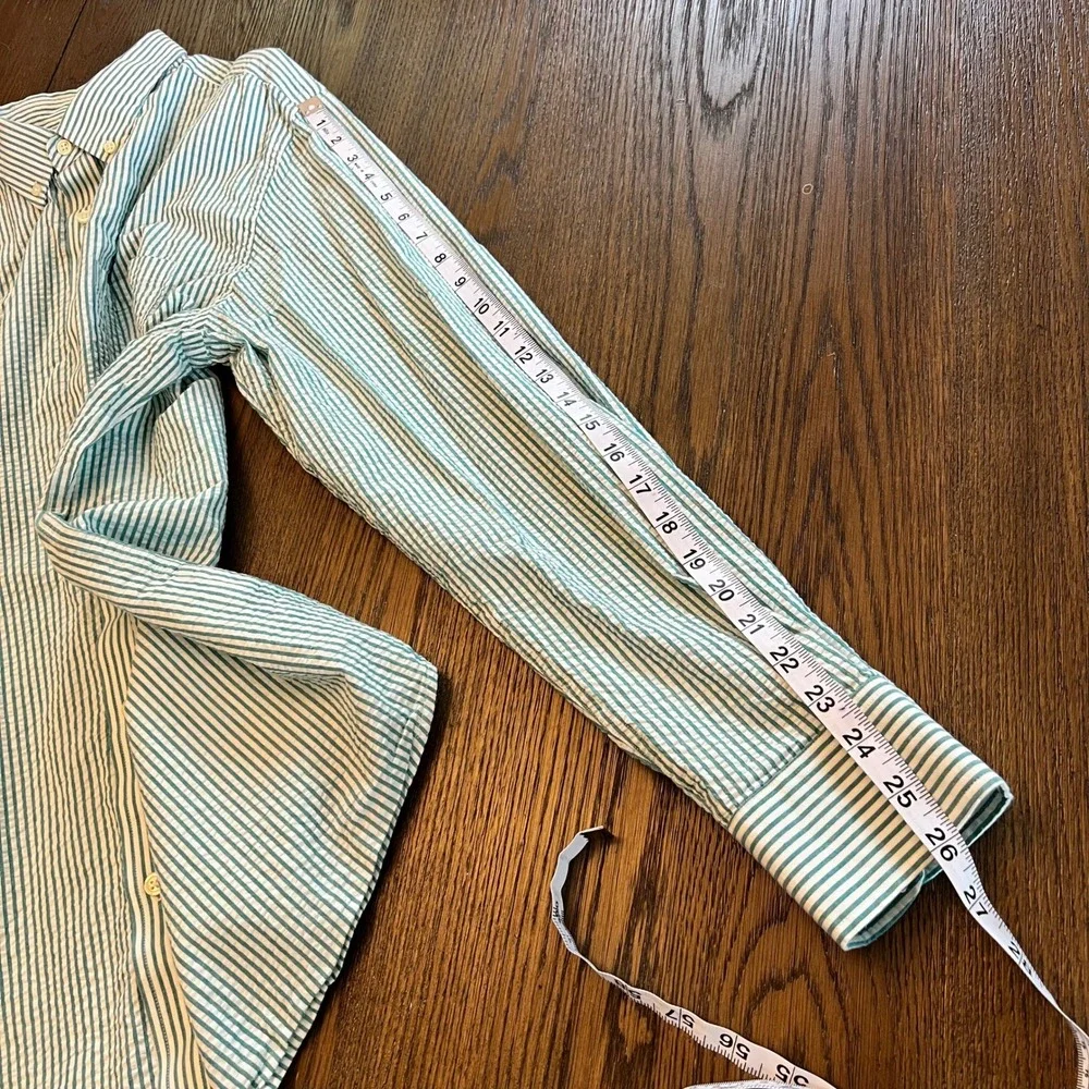 Banana Republic Button Down Shirt Cotton Seersucker Green White Striped Preppy L